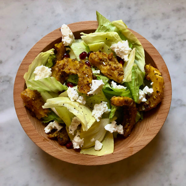 Chicory Salad with Dukkah-Crusted Squash, Pomegranates and Feta